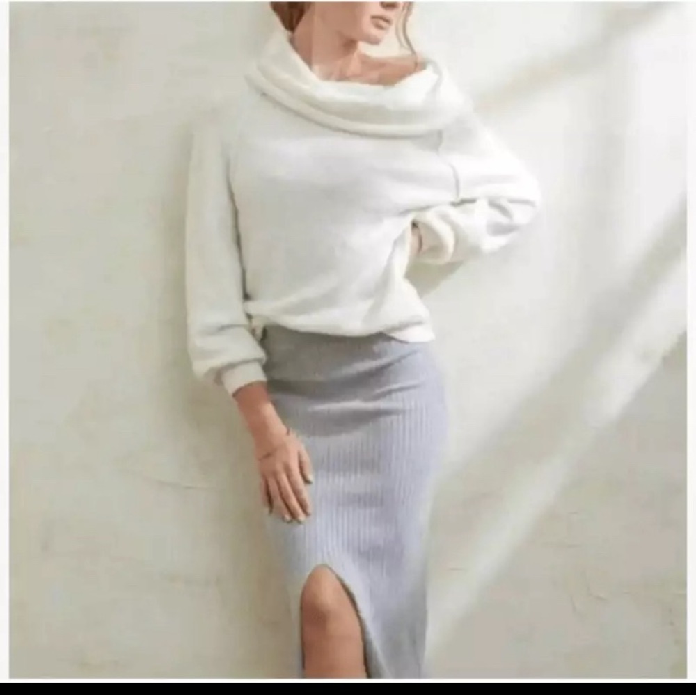 Free People Small Ivory Echo Beach Knit Fold Over Turtleneck Cowl Soft Sweater
